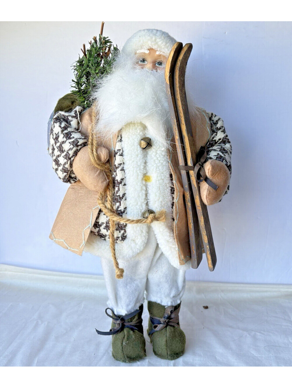 Woodland Santa w/Wooden Skis, Sack & Houndstooth Coat VTG Christmas 16" Figure